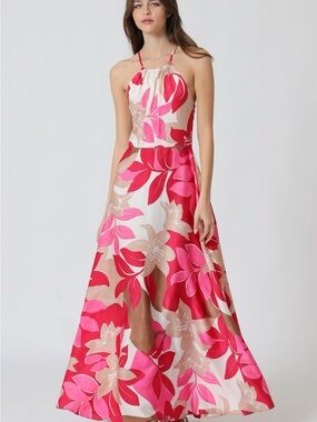 Aakaa Strapless Floral Maxi Dress in Pink and Cream